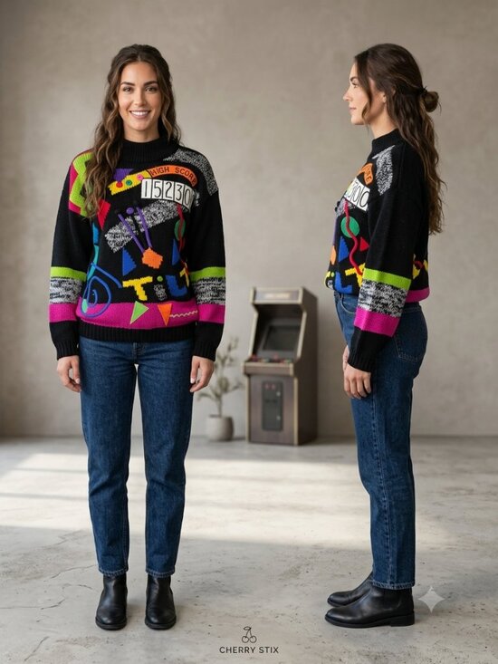 Cherry Stix Sweaters - Cherry Stix Vintage 80's 90's Knitted Black with Multi Color Sweater Size Medium